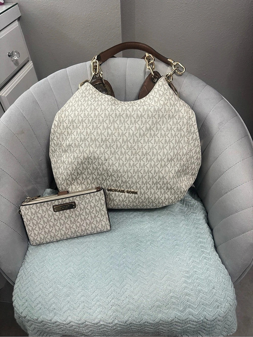 Michael Kors Monogram Shoulder Bag & Wristlet in White & Brown